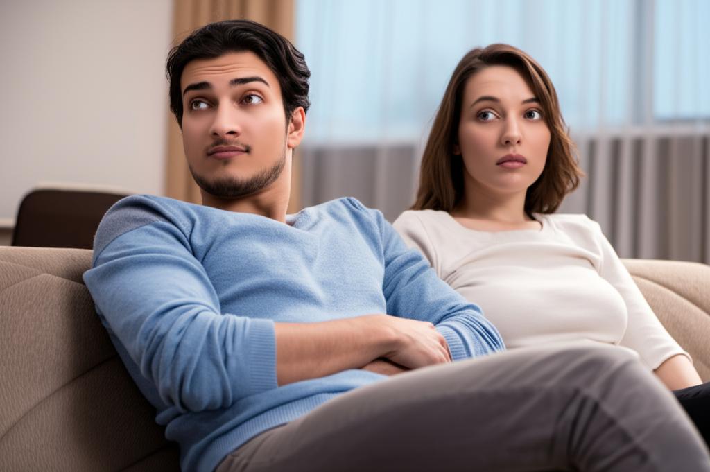 A husband and wife sitting on a sofa looking slightly distant, illustrating a cooling relationship, soft evening light.