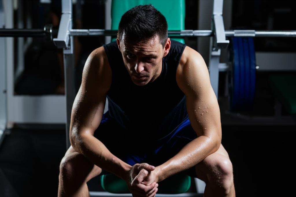 Realistic photo of a man in his late 30s or 40s sitting on a gym bench, looking tired and slightly worried, sweat on his brow, gym equipment in background, dim lighting