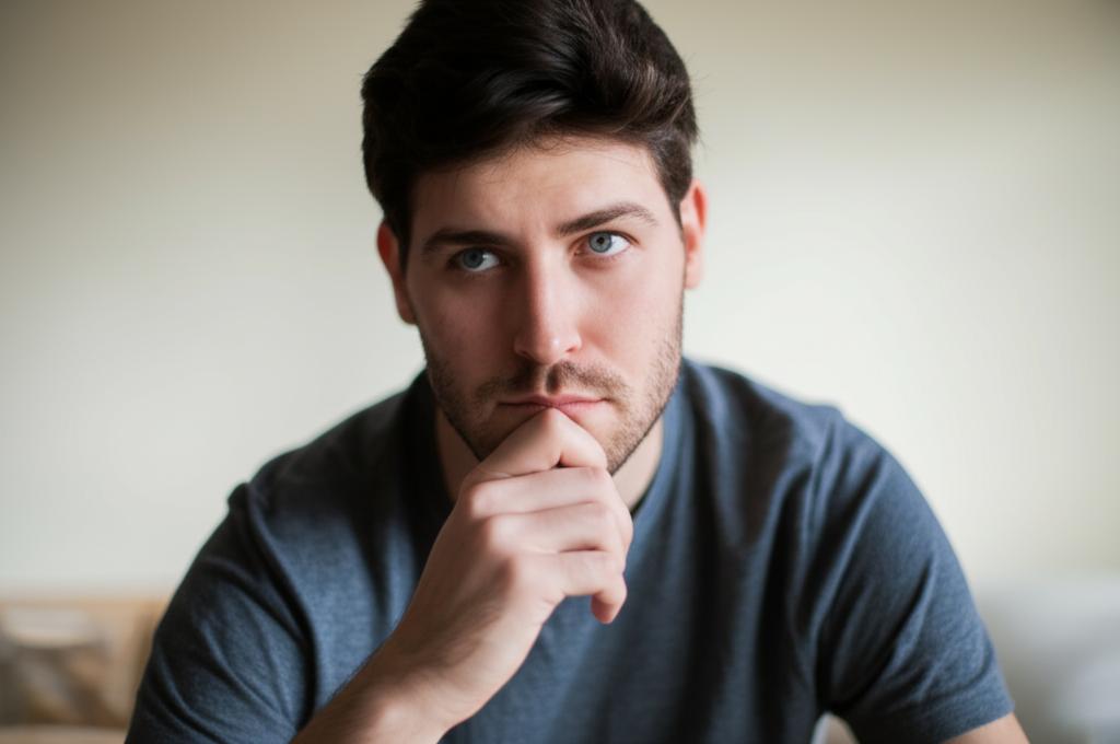 A man looking thoughtful and slightly concerned, sitting alone, representing internal struggle, natural lighting.