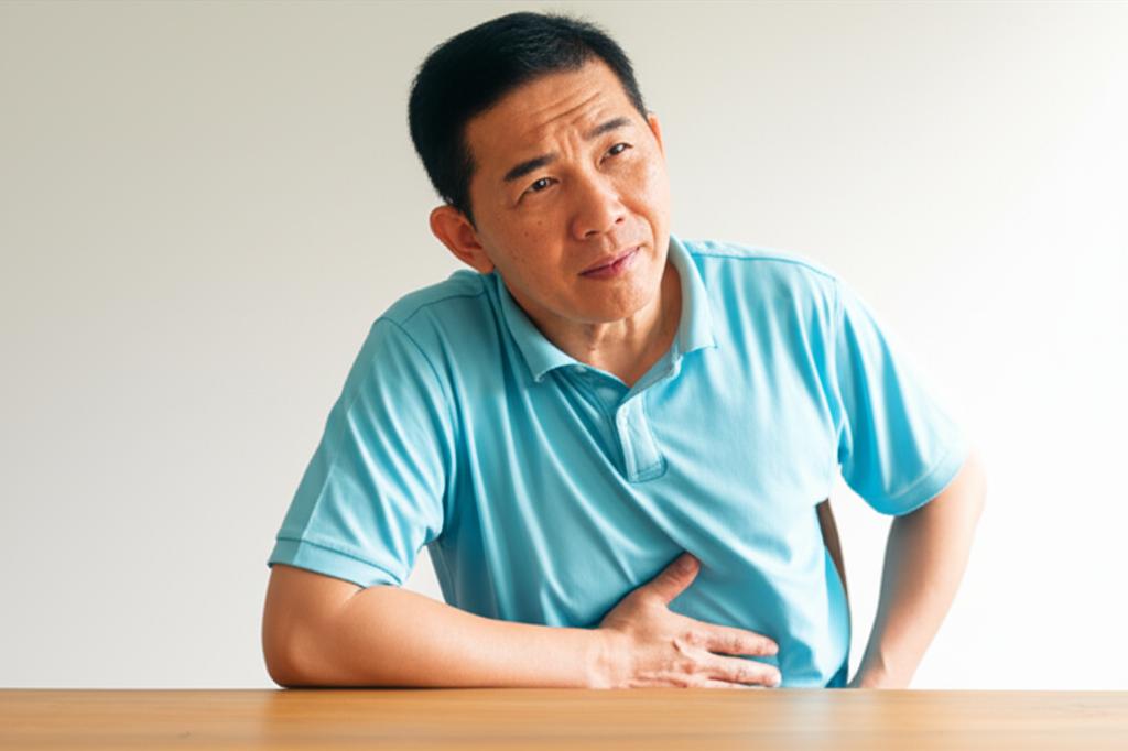 A middle-aged Asian man sitting at a desk, looking slightly uncomfortable and touching his lower abdomen. Warm, soft lighting.