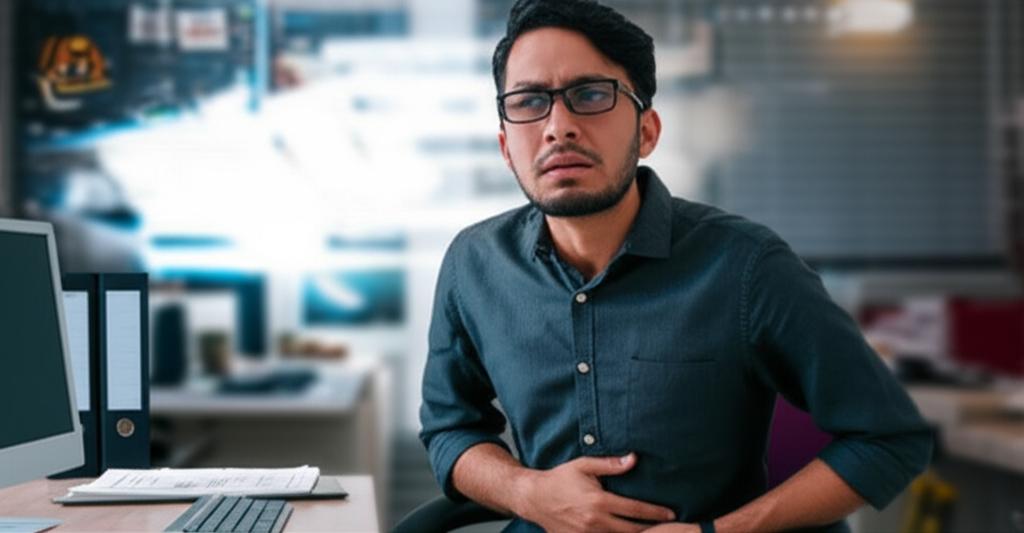 AI prompt: Frustrated Malaysian man sitting at a desk, looking stressed, with a blurred background of work documents and a computer screen, hinting at disruption. The man is holding his lower abdomen subtly. Realistic style, indoor office lighting.
