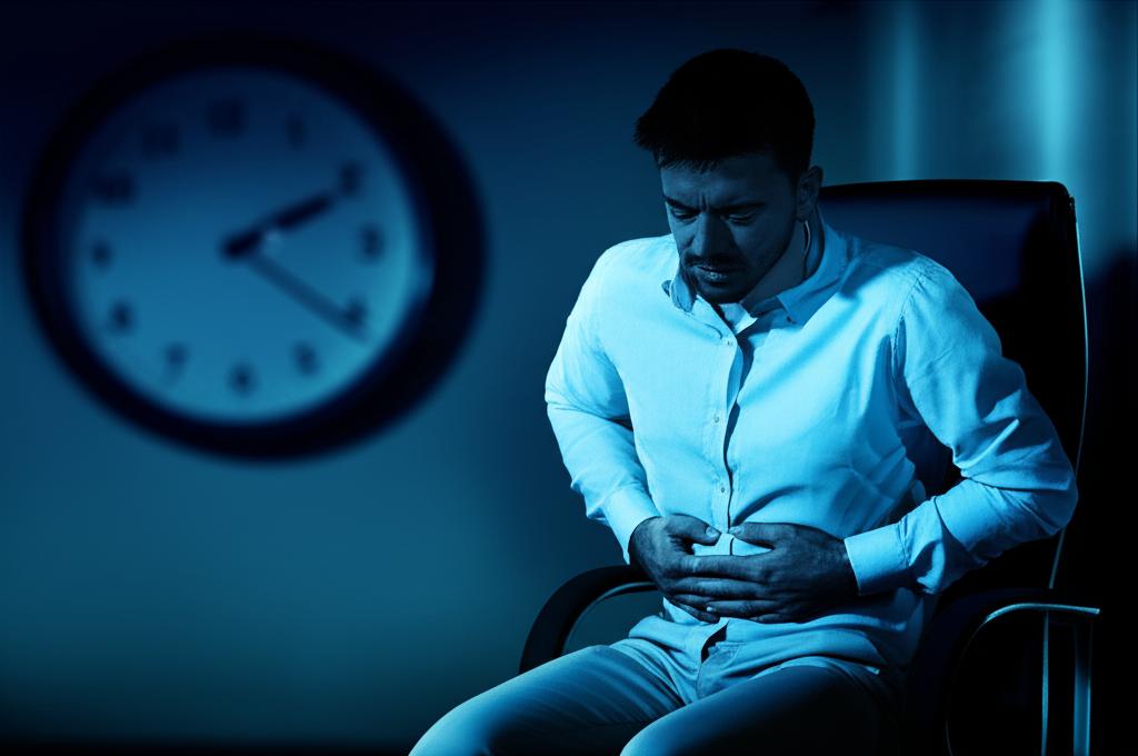 AI prompt: A tired man in an office chair, looking uncomfortable and holding his lower abdomen, with a clock showing late night hours in the background, digital art style, muted colours