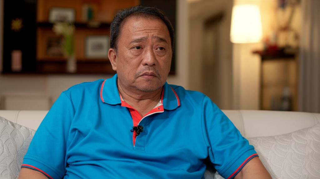 A middle-aged Malaysian man looking contemplative and slightly tired, sitting on a sofa in his home