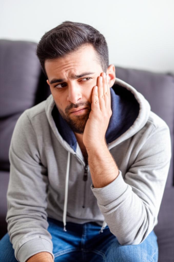 Young man looking tired and stressed, sitting on a sofa, feeling frustrated.