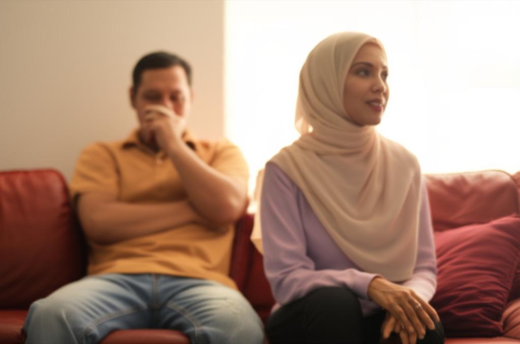 A middle-aged Malaysian couple looking slightly distant on a sofa after intimacy, one partner looking tired. Soft, warm lighting.