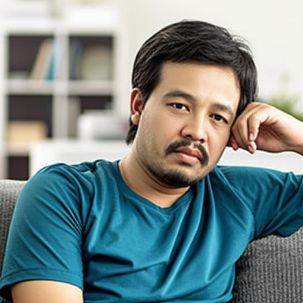 A tired-looking Malaysian man sitting on a sofa, feeling drained, with a blurred background of a busy home scene, realistic photo quality