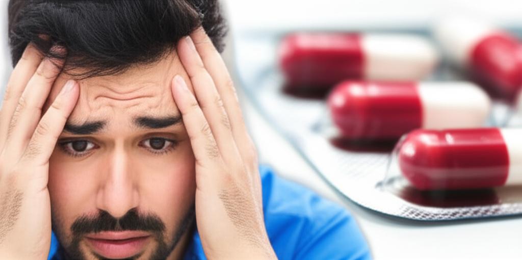 A man looking stressed and holding his head, representing the discomfort of Sildenafil side effects, with a blurred image of pills in the background.