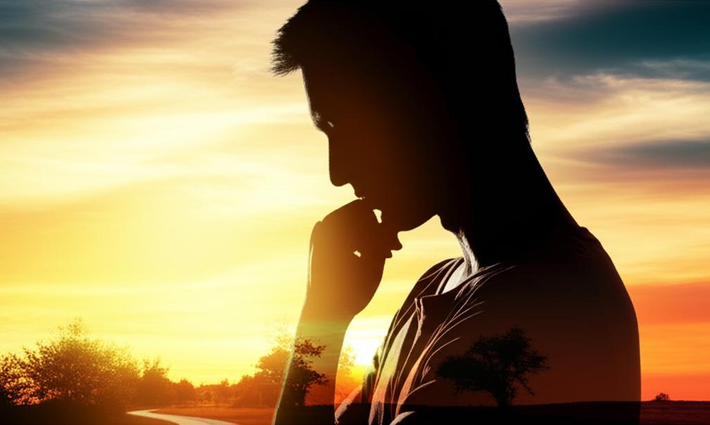 A man looking thoughtful, silhouetted against a sunset, contemplating health choices, natural vs synthetic path