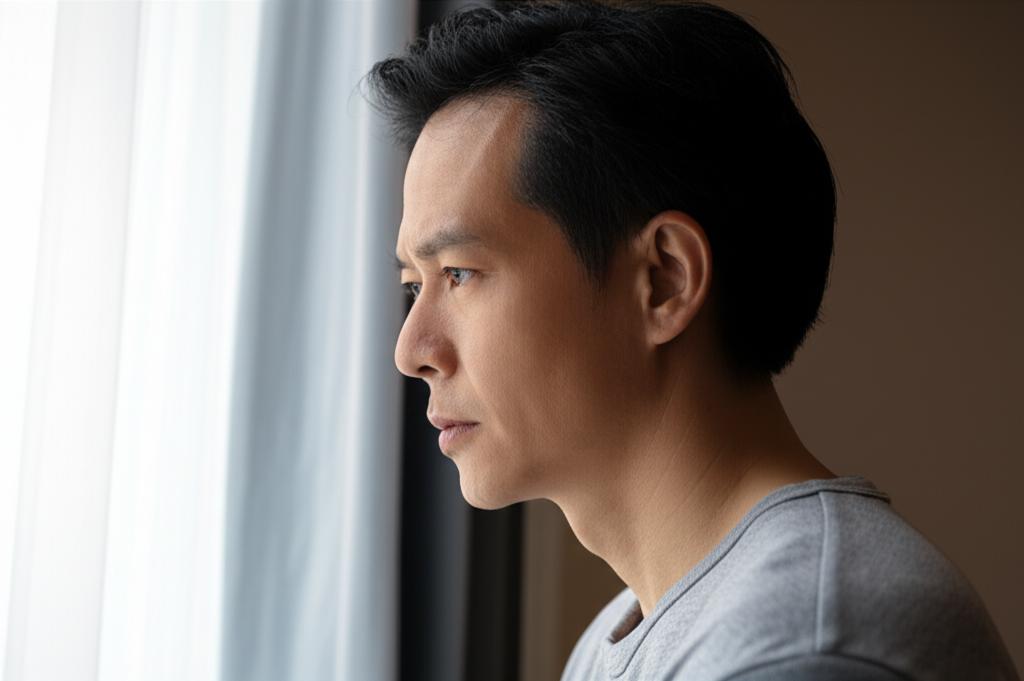 A thoughtful middle-aged Asian man looking out a window, contemplating health concerns and the passage of time, soft lighting, realistic photo