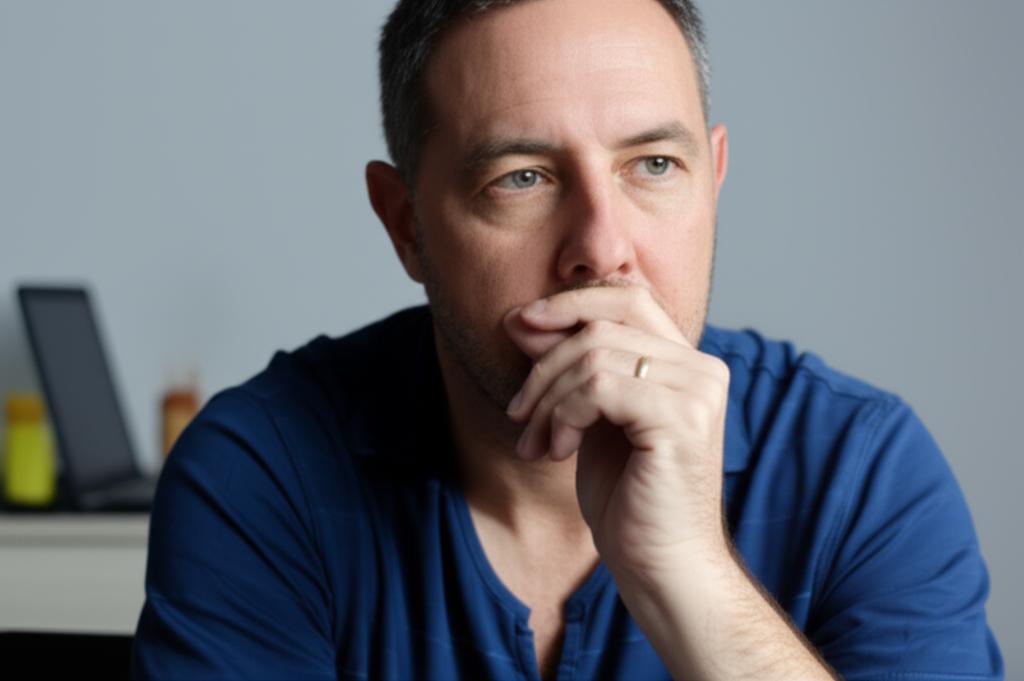 Middle-aged man looking thoughtful and slightly concerned while sitting alone, representing worries about aging and performance