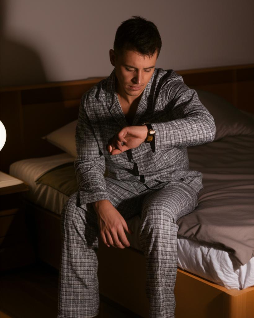 A tired man looking at his watch in the middle of the night, sitting on the edge of his bed, soft lighting, bedroom setting, realistic photo