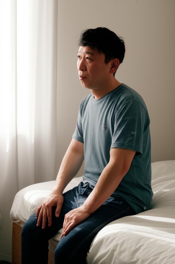 A middle-aged Asian man looking concerned while sitting on the edge of his bed in the morning, light streaming through the window.