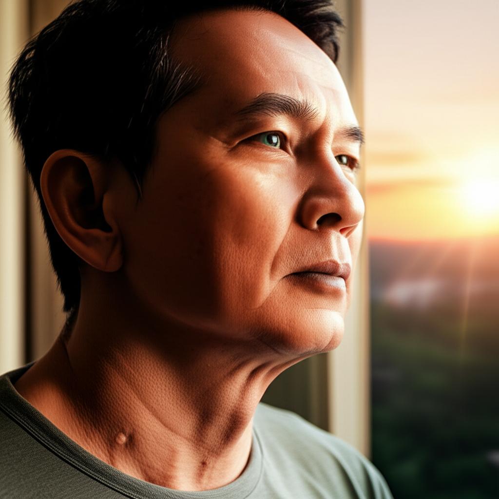 A thoughtful Malaysian man in his 40s looking out a window at sunrise, contemplating his health and vitality. Soft, warm light. Realistic photography style.