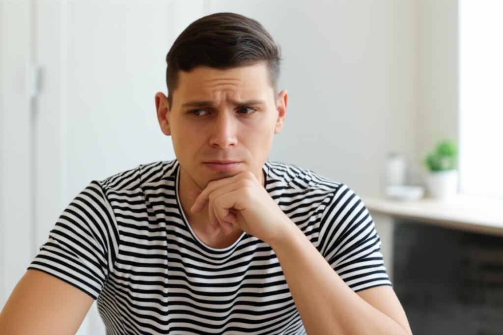 Middle-aged man looking thoughtful, perhaps slightly worried, sitting alone contemplating his energy levels and confidence.