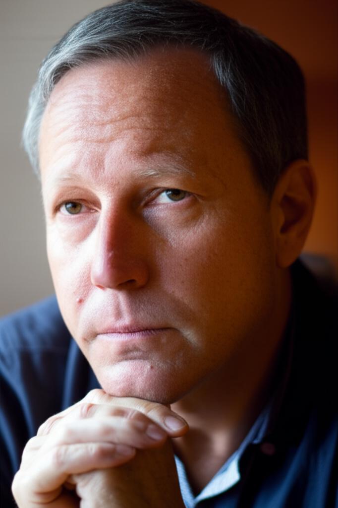 Middle-aged man looking introspective, contemplating vitality and health, soft lighting, thoughtful expression, realistic photo