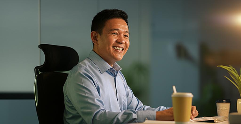 AI prompt: A Malaysian man, mid-40s, smiling confidently and looking relaxed while working at his desk. The lighting is warm and positive. Subtle hint of improved well-being. Realistic style, modern office environment.