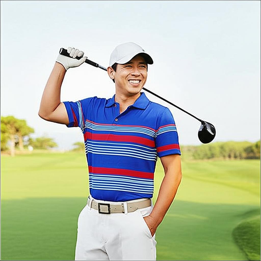 realistic photo of a middle-aged asian man smiling and looking active, perhaps playing golf or walking outdoors, representing improved health and vitality