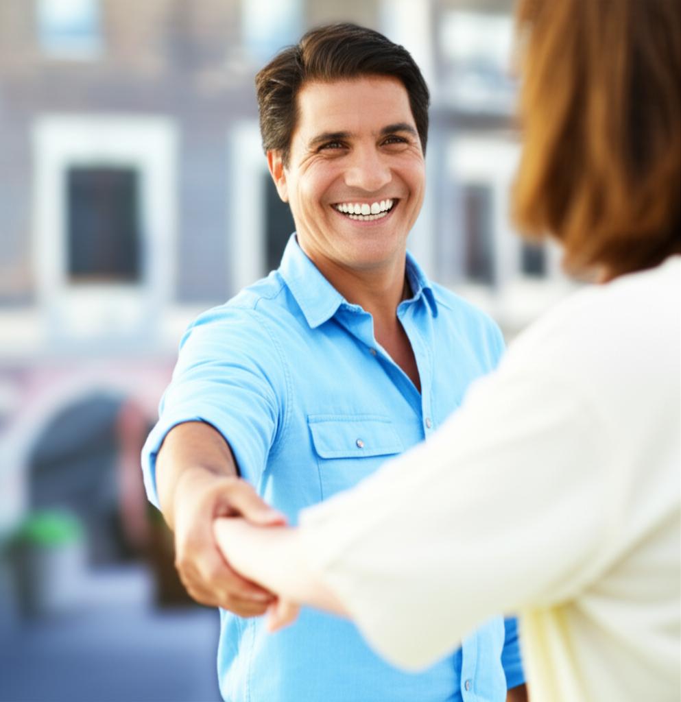 A man smiling confidently, holding hands with his wife, looking happy and energetic.