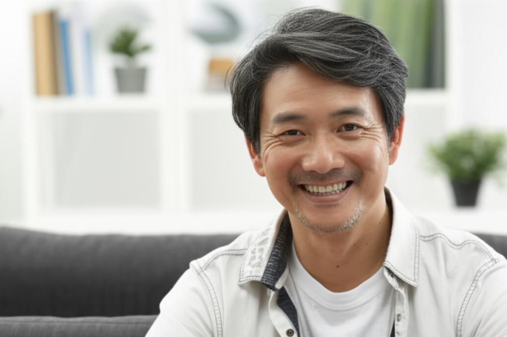 Photo of a middle-aged Asian man with a warm, genuine smile, looking relaxed and confident, sitting in a comfortable home setting, representing a positive outcome and renewed well-being