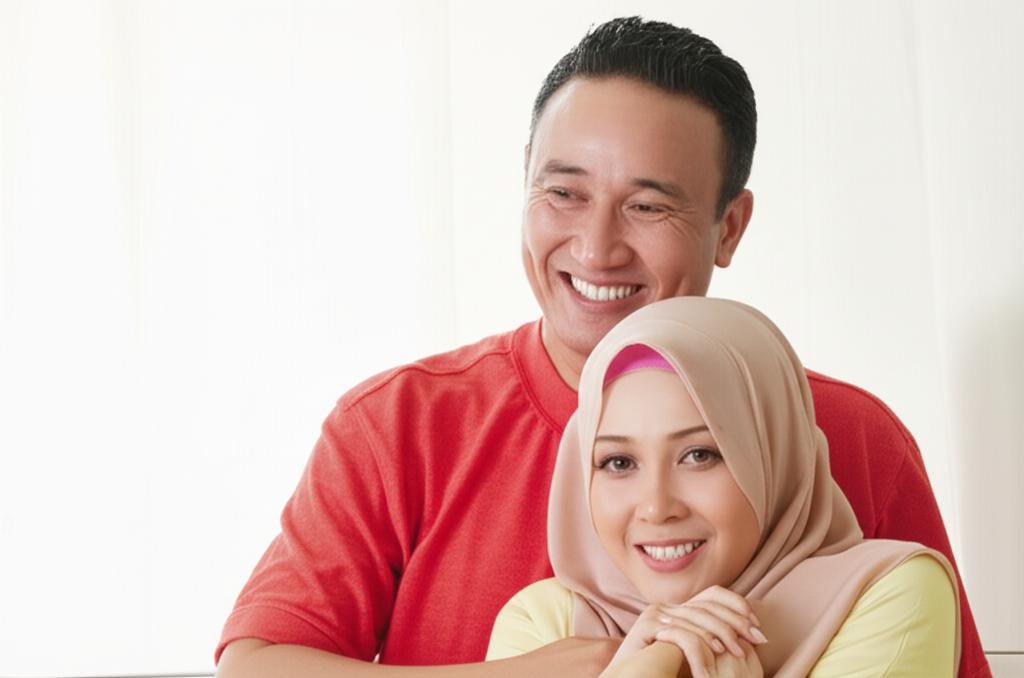 A middle-aged Malaysian man (Ali) looking happy and energetic, embracing his wife affectionately. Bright, hopeful lighting.