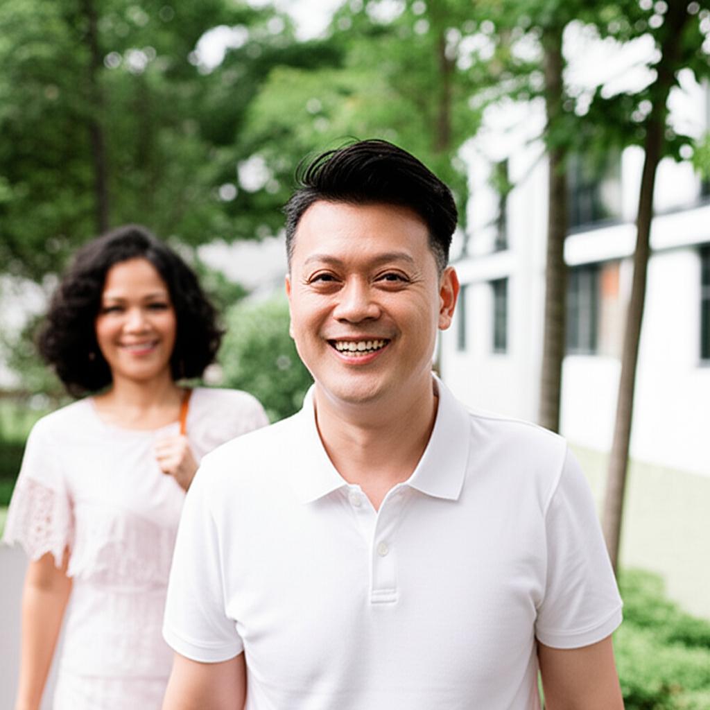 A smiling middle-aged Malaysian man looking energetic and happy, perhaps walking outdoors with his wife in the background, vibrant and hopeful mood, realistic photo quality