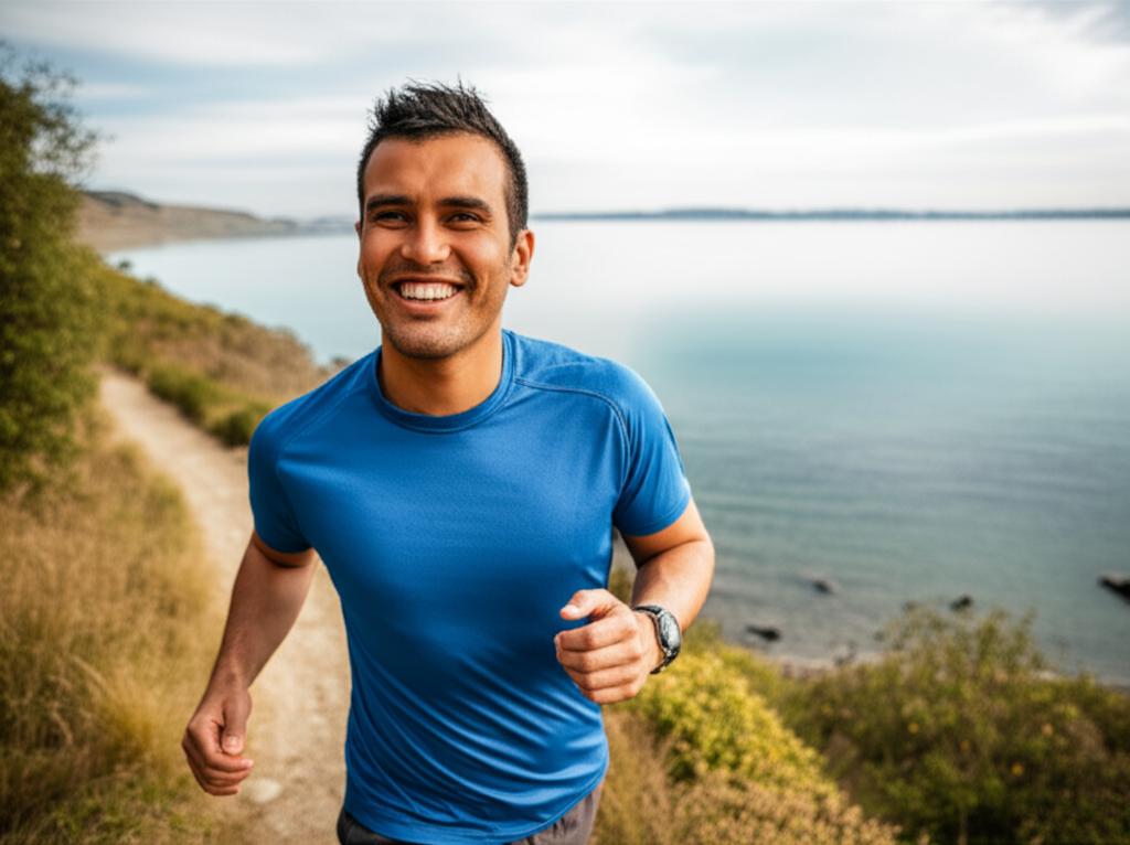 A man smiling confidently in a natural, healthy environment, perhaps exercising or enjoying the outdoors.