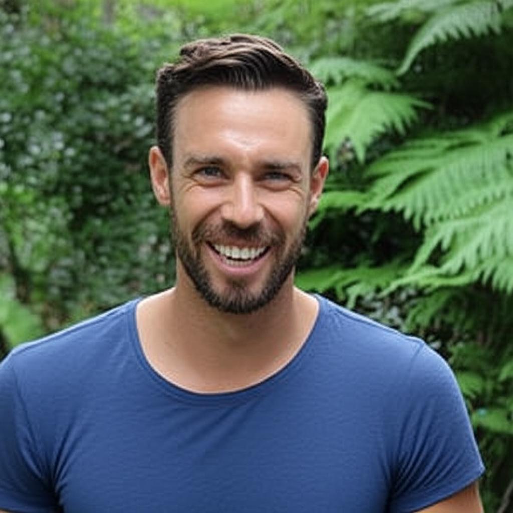 A man looking confident and energetic, enjoying a healthy lifestyle outdoors in a tropical setting, representing natural vitality