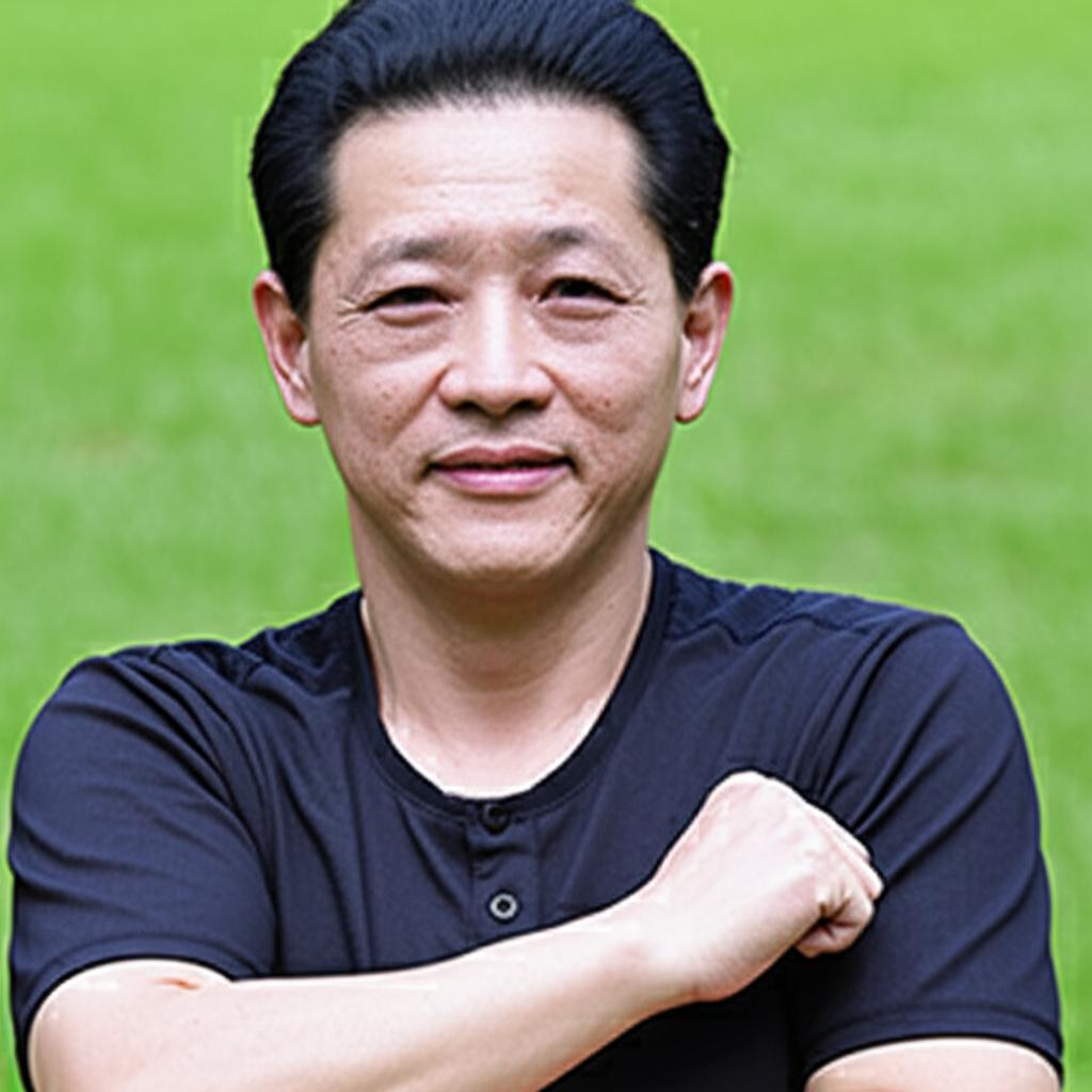A middle-aged Asian man looking relieved and confident, perhaps doing a light exercise or spending time outdoors, natural setting, realistic photo