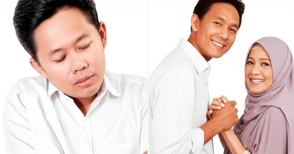 A split image showing a middle-aged Malaysian man looking tired and slumped on one side, and the same man looking energetic and smiling on the other side, perhaps holding hands with his wife.