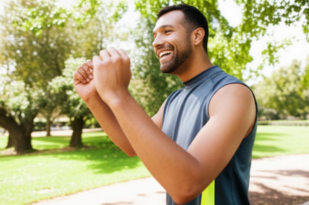 A man looking energetic and smiling while exercising outdoors in a park during the day, bright sunlight, healthy lifestyle photo