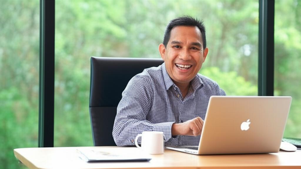 A smiling Malaysian man in his mid-40s, looking energetic and confident, perhaps working at his desk or enjoying an outdoor activity. Bright, positive lighting. Realistic photography style.