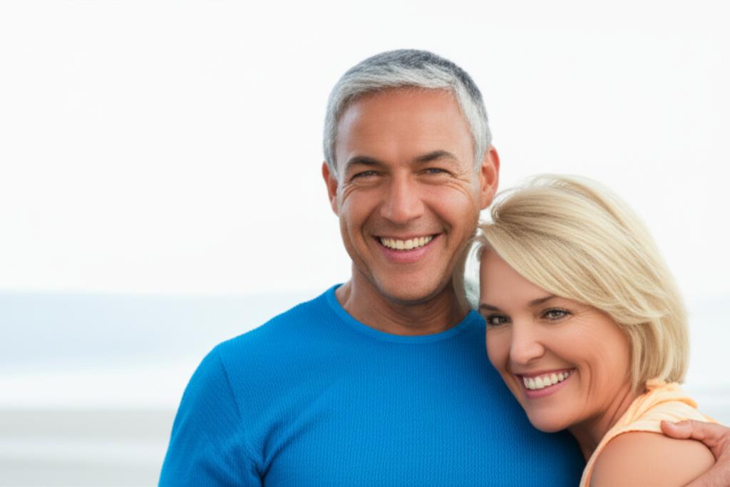 Happy middle-aged man smiling confidently, perhaps with his arm around his wife, depicting renewed vitality and relationship happiness.