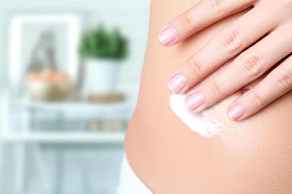 Prompt: A close-up of a hand applying a small amount of cream to the lower abdomen area, focus on the skin and cream, blurred background of a bathroom or bedroom.