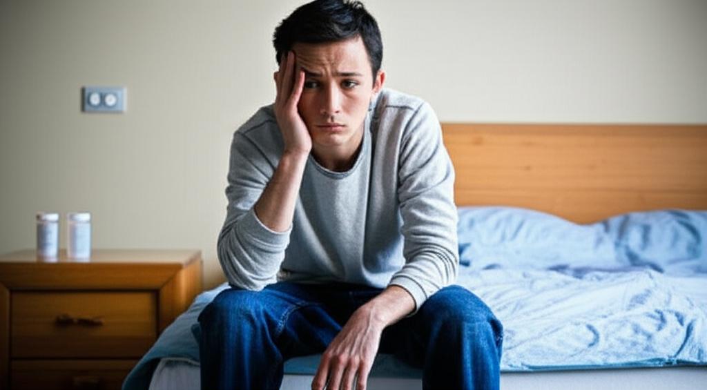 Anxious man sitting on a bed, looking tired and slightly dizzy, with a pill bottle on the nightstand. Realistic photo, soft lighting.