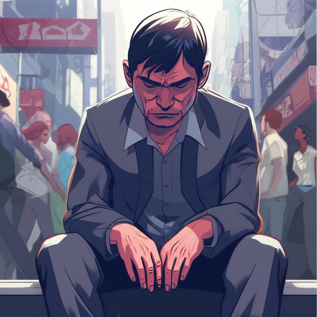 Illustration of a man feeling drained and exhausted after a temporary energy boost wears off, set against a busy urban background, digital art