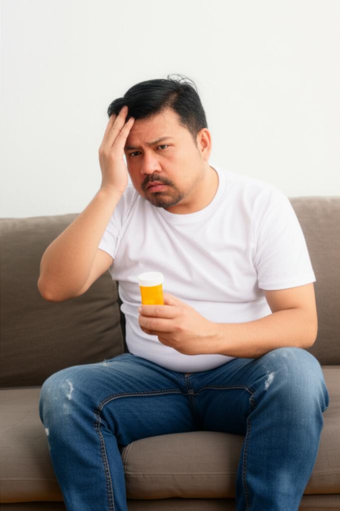 A tired Malaysian man sitting on a sofa, looking frustrated while holding a pill bottle, depicting frequent medication use and fatigue.