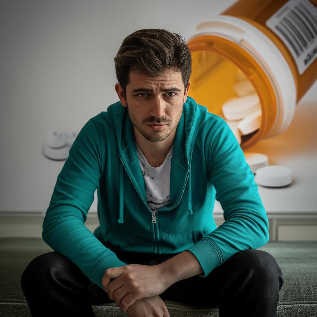 AI prompt: A man looking tired and frustrated, sitting alone, with a blurred image of a pill bottle in the background, muted colors, realistic style