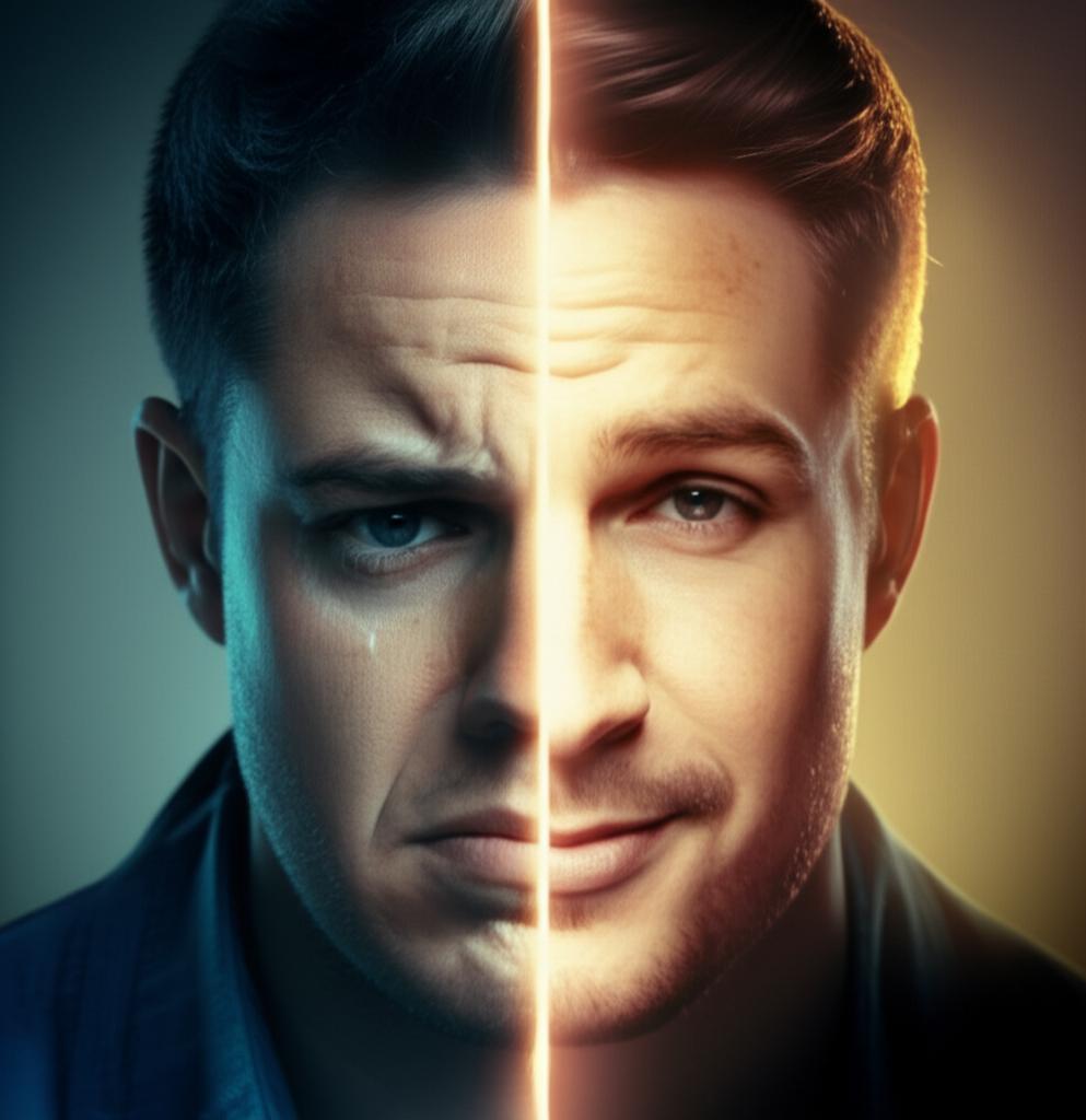 Split image showing a man looking tired and stressed on one side, and the same man looking energetic and confident on the other side, with a subtle glow. Realistic photo, warm lighting.